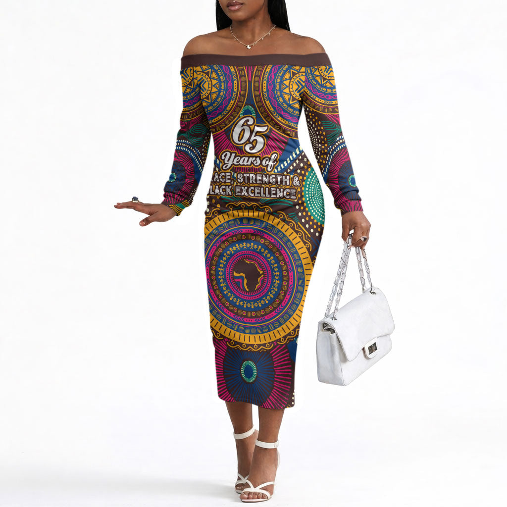Personalized African 65th Birthday Black Excellence Off The Shoulder Long Sleeve Dress Vibrant Traditional Tribal Geometric Patterns