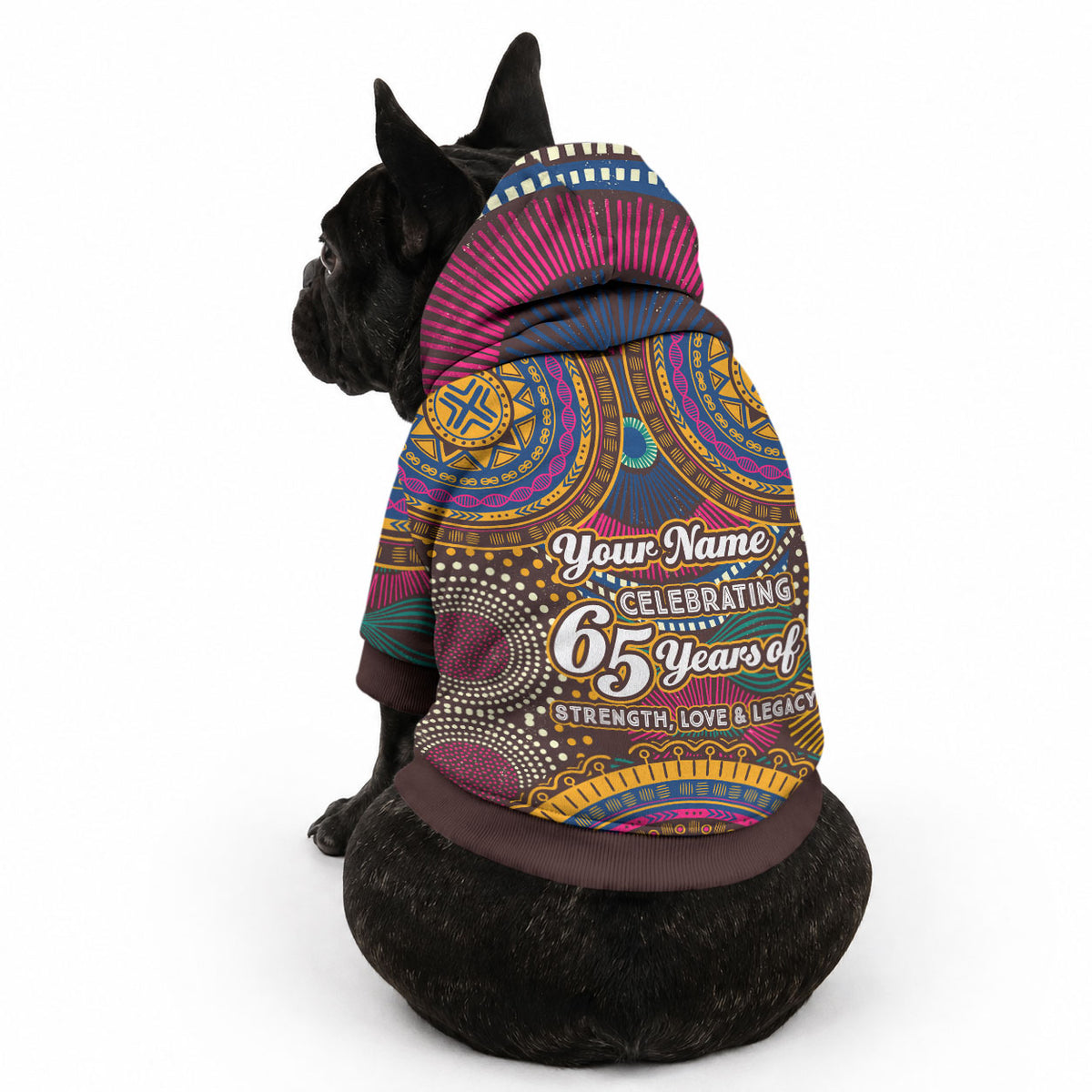 Personalized African 65th Birthday Black Excellence Pet Hoodie Vibrant Traditional Tribal Geometric Patterns