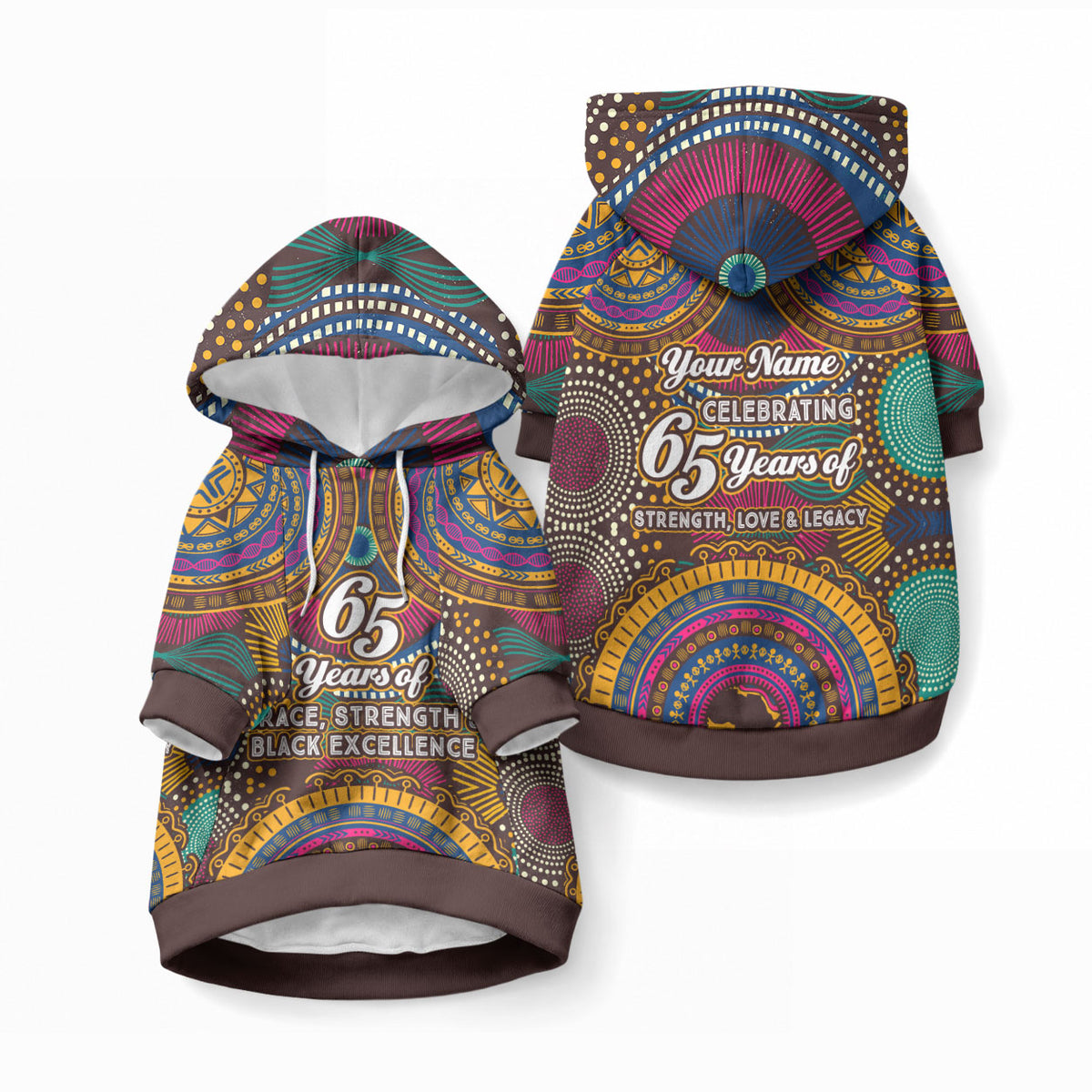 Personalized African 65th Birthday Black Excellence Pet Hoodie Vibrant Traditional Tribal Geometric Patterns