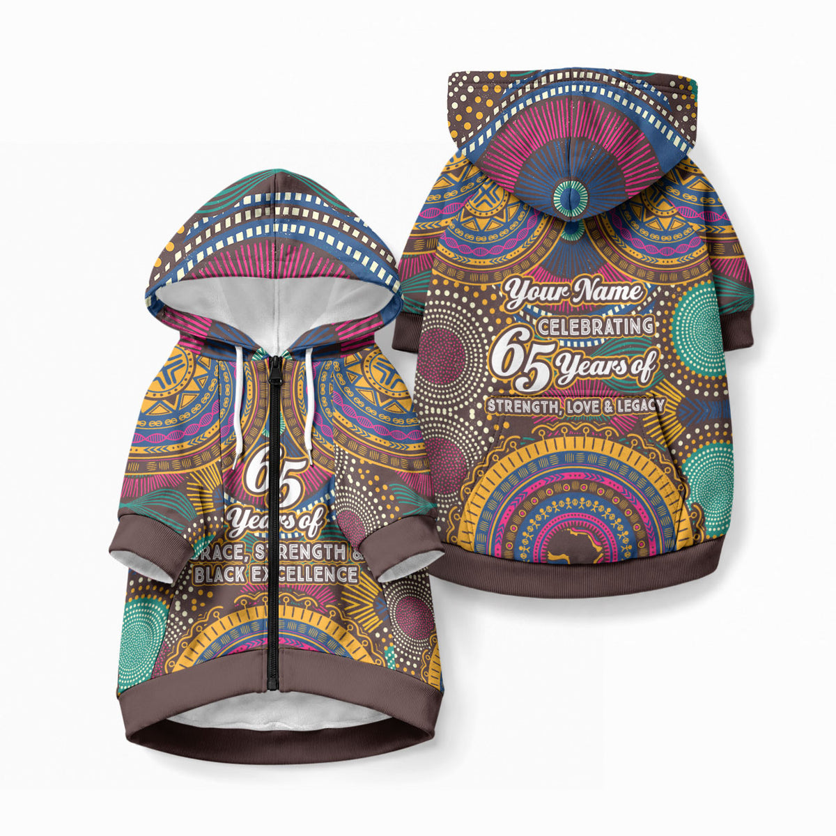 Personalized African 65th Birthday Black Excellence Pet Hoodie Vibrant Traditional Tribal Geometric Patterns