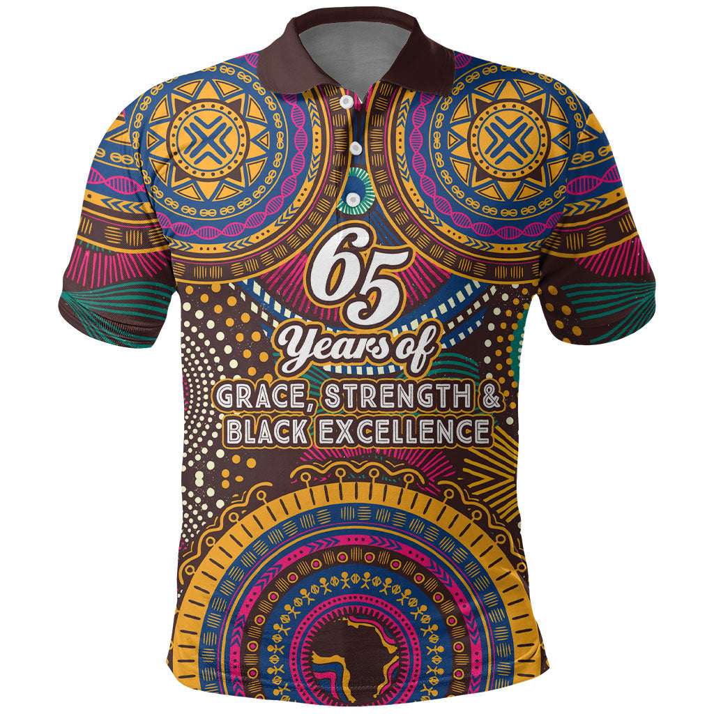 Personalized African 65th Birthday Black Excellence Polo Shirt Vibrant Traditional Tribal Geometric Patterns