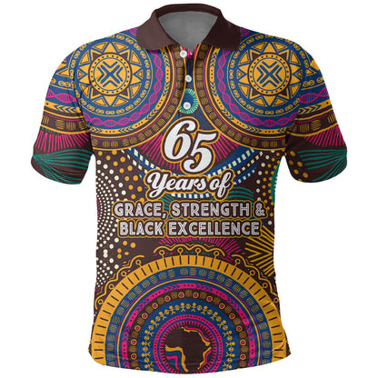 Personalized African 65th Birthday Black Excellence Polo Shirt Vibrant Traditional Tribal Geometric Patterns