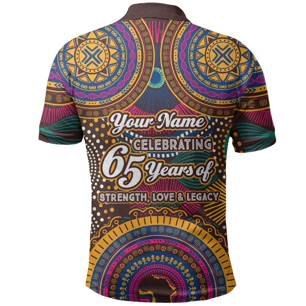Personalized African 65th Birthday Black Excellence Polo Shirt Vibrant Traditional Tribal Geometric Patterns