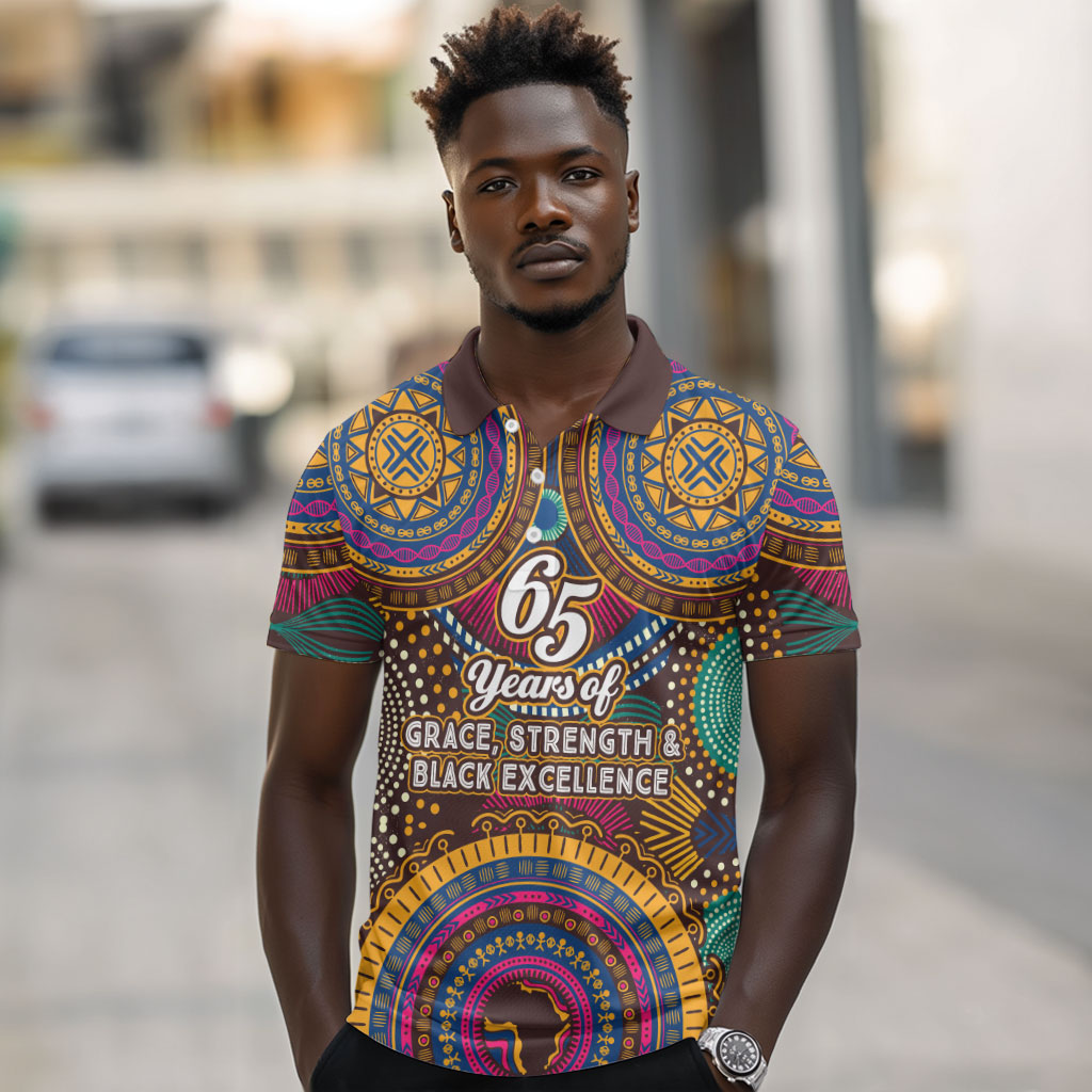 Personalized African 65th Birthday Black Excellence Polo Shirt Vibrant Traditional Tribal Geometric Patterns