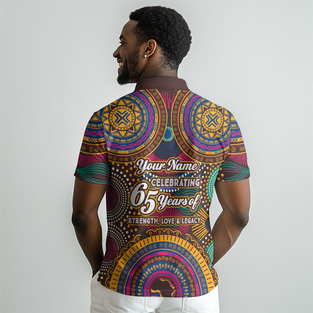 Personalized African 65th Birthday Black Excellence Polo Shirt Vibrant Traditional Tribal Geometric Patterns