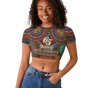 Personalized African 65th Birthday Black Excellence Raglan Cropped T shirt Vibrant Traditional Tribal Geometric Patterns