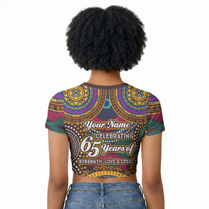 Personalized African 65th Birthday Black Excellence Raglan Cropped T shirt Vibrant Traditional Tribal Geometric Patterns