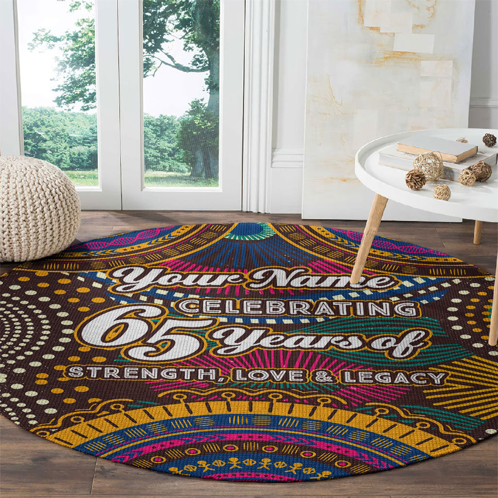 Personalized African 65th Birthday Black Excellence Round Carpet Vibrant Traditional Tribal Geometric Patterns