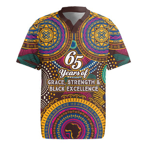 Personalized African 65th Birthday Black Excellence Rugby Jersey Vibrant Traditional Tribal Geometric Patterns