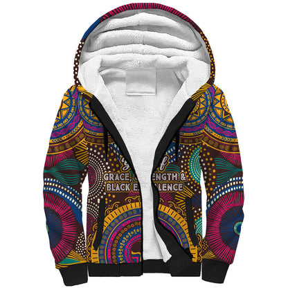 Personalized African 65th Birthday Black Excellence Sherpa Hoodie Vibrant Traditional Tribal Geometric Patterns