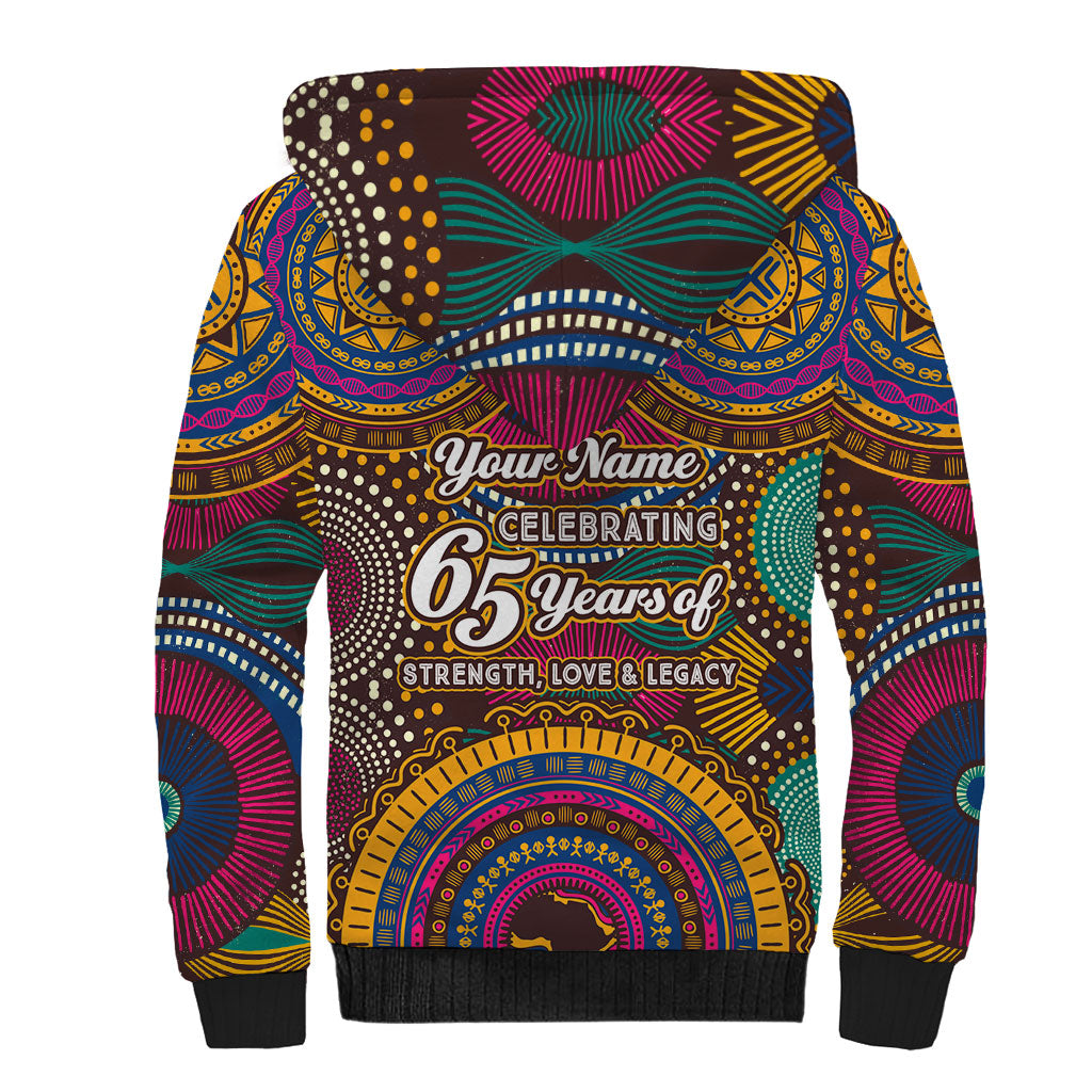 Personalized African 65th Birthday Black Excellence Sherpa Hoodie Vibrant Traditional Tribal Geometric Patterns