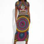 Personalized African 65th Birthday Black Excellence Short Sleeve Bodycon Dress Vibrant Traditional Tribal Geometric Patterns