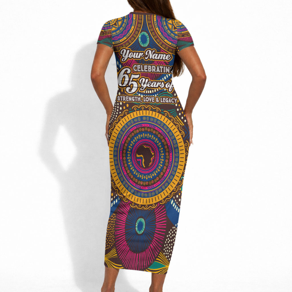 Personalized African 65th Birthday Black Excellence Short Sleeve Bodycon Dress Vibrant Traditional Tribal Geometric Patterns