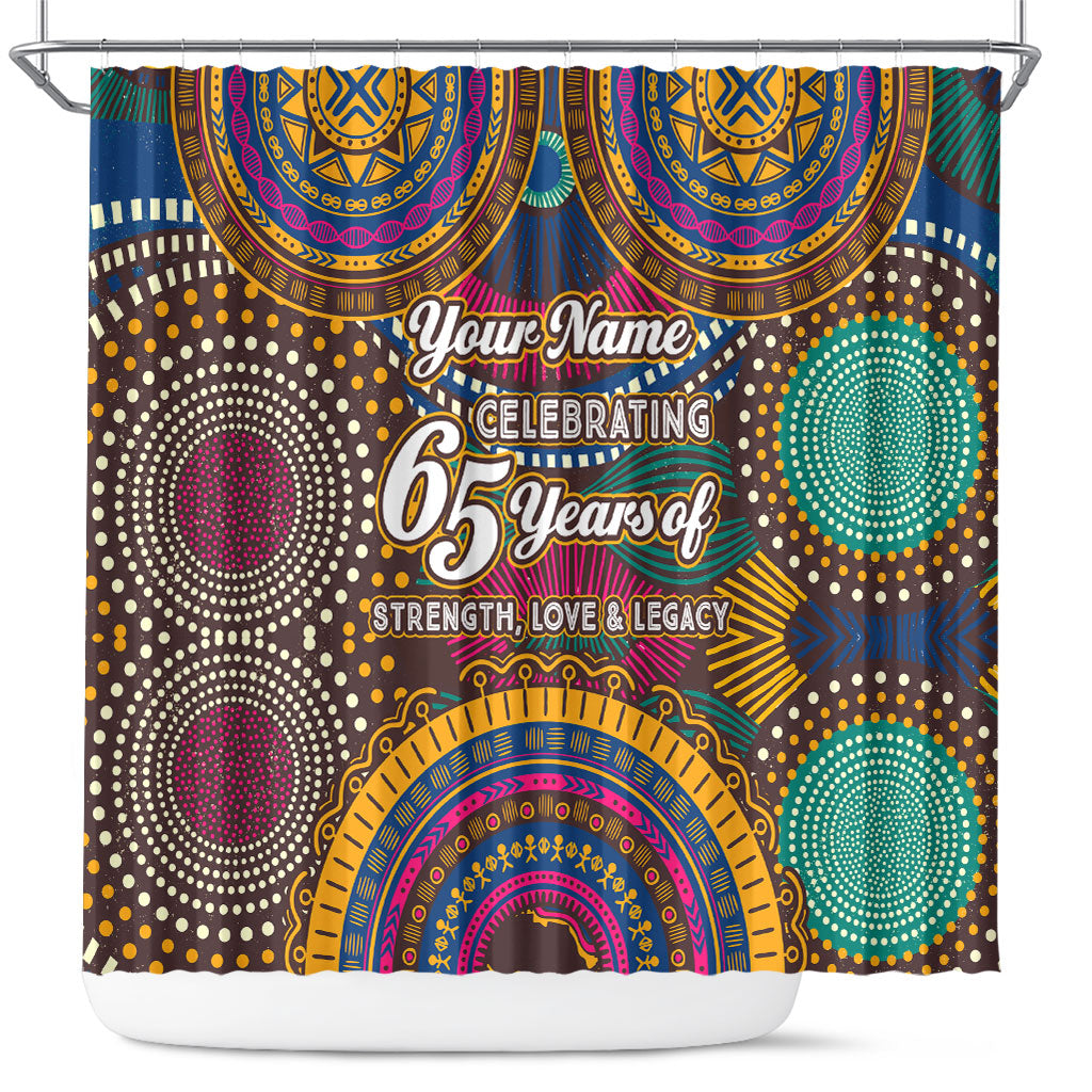 Personalized African 65th Birthday Black Excellence Shower Curtain Vibrant Traditional Tribal Geometric Patterns