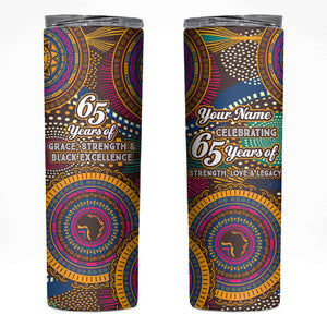 Personalized African 65th Birthday Black Excellence Skinny Tumbler Vibrant Traditional Tribal Geometric Patterns