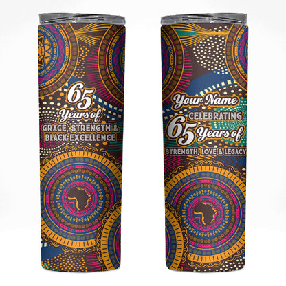 Personalized African 65th Birthday Black Excellence Skinny Tumbler Vibrant Traditional Tribal Geometric Patterns