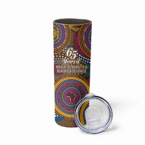 Personalized African 65th Birthday Black Excellence Skinny Tumbler Vibrant Traditional Tribal Geometric Patterns