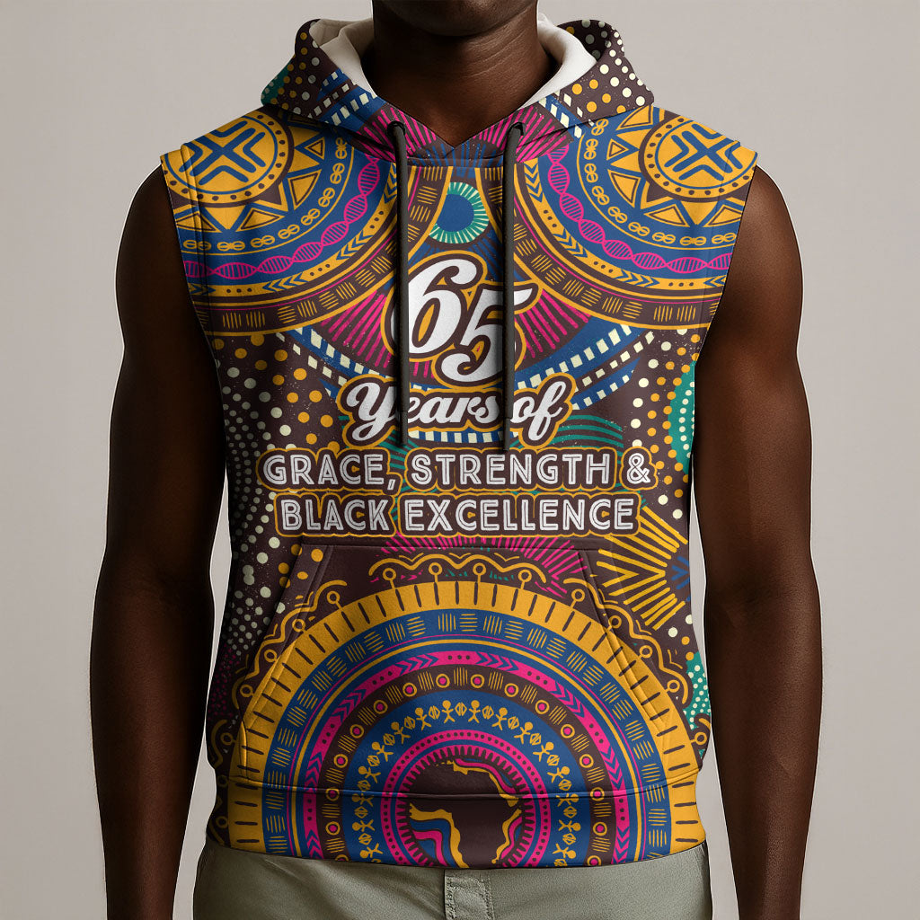 Personalized African 65th Birthday Black Excellence Sleeveless Hoodie Vibrant Traditional Tribal Geometric Patterns