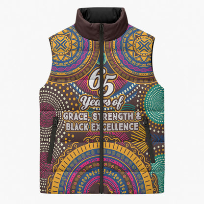 Personalized African 65th Birthday Black Excellence Sleeveless Puffer Jacket Vibrant Traditional Tribal Geometric Patterns