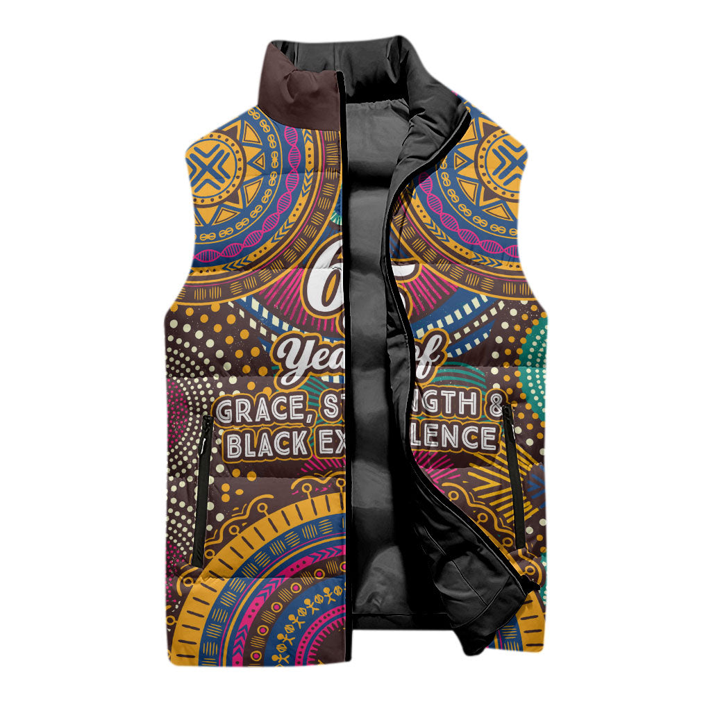 Personalized African 65th Birthday Black Excellence Sleeveless Puffer Jacket Vibrant Traditional Tribal Geometric Patterns