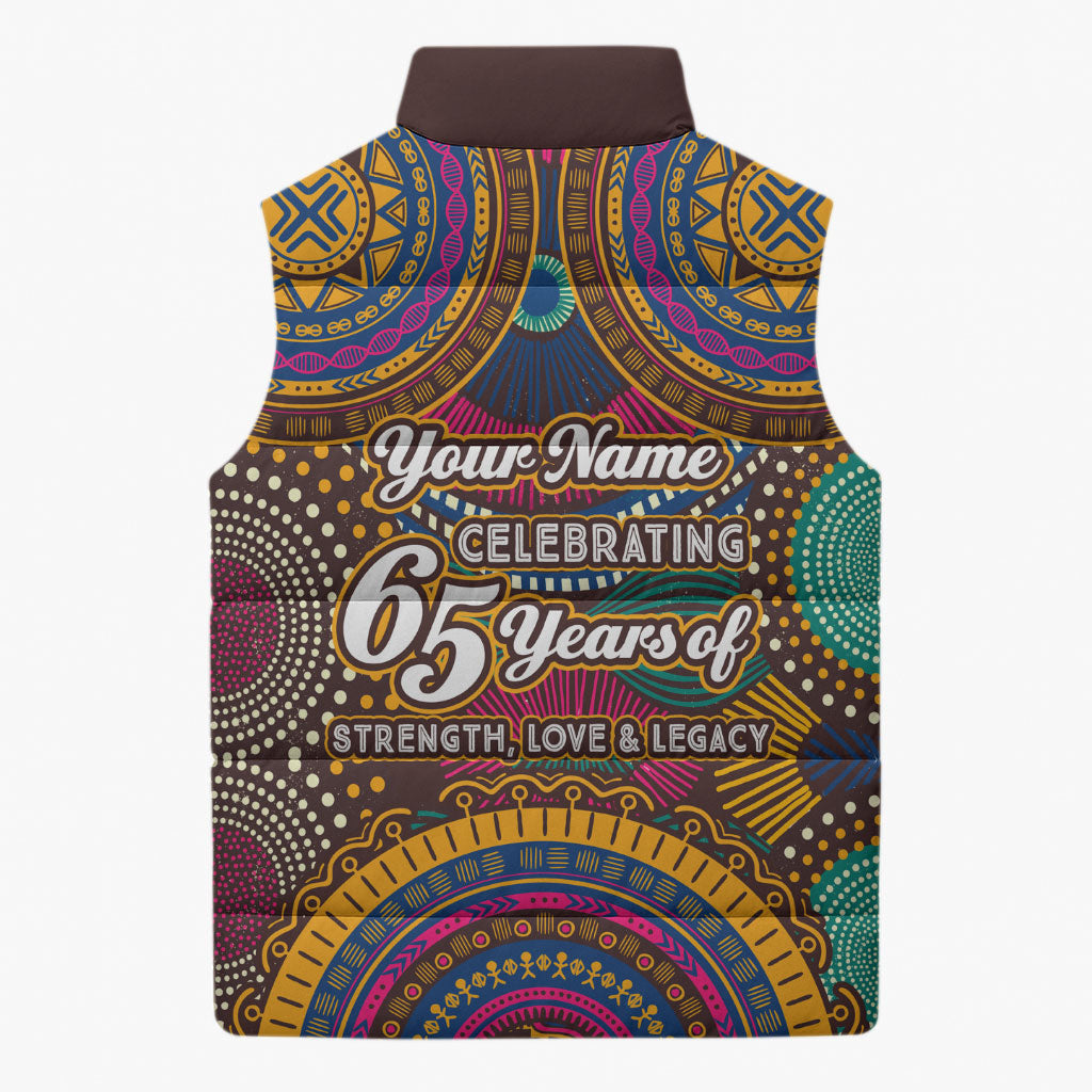 Personalized African 65th Birthday Black Excellence Sleeveless Puffer Jacket Vibrant Traditional Tribal Geometric Patterns