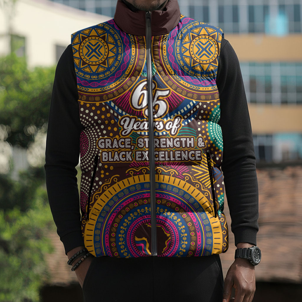 Personalized African 65th Birthday Black Excellence Sleeveless Puffer Jacket Vibrant Traditional Tribal Geometric Patterns