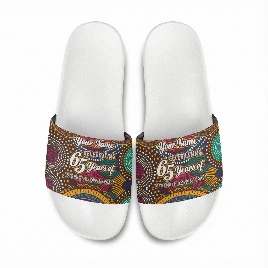 Personalized African 65th Birthday Black Excellence Slide Sandals Vibrant Traditional Tribal Geometric Patterns