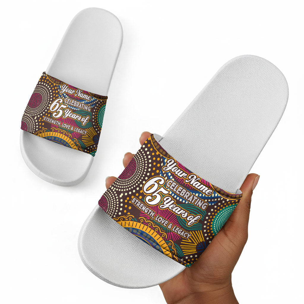 Personalized African 65th Birthday Black Excellence Slide Sandals Vibrant Traditional Tribal Geometric Patterns