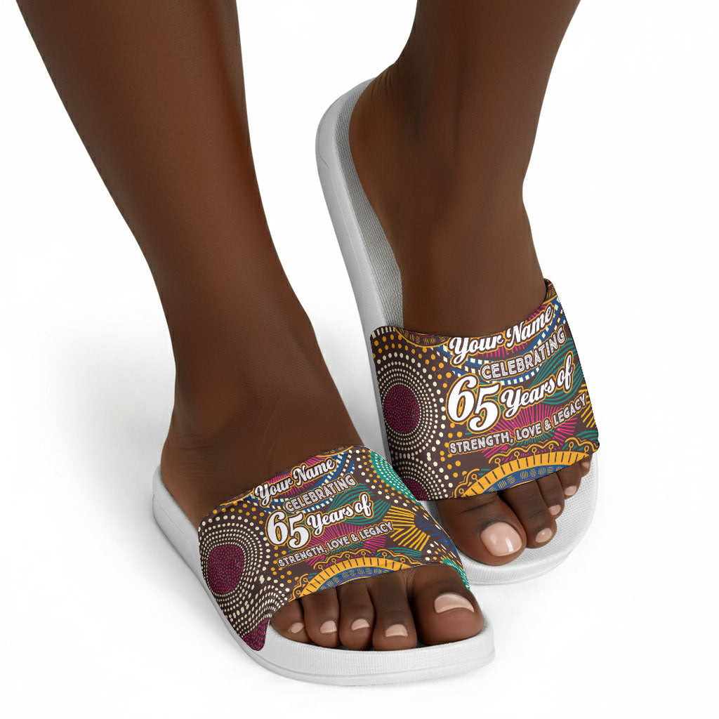 Personalized African 65th Birthday Black Excellence Slide Sandals Vibrant Traditional Tribal Geometric Patterns