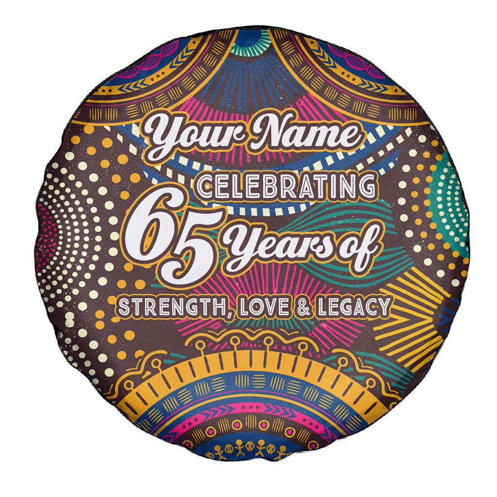 Personalized African 65th Birthday Black Excellence Spare Tire Cover Vibrant Traditional Tribal Geometric Patterns