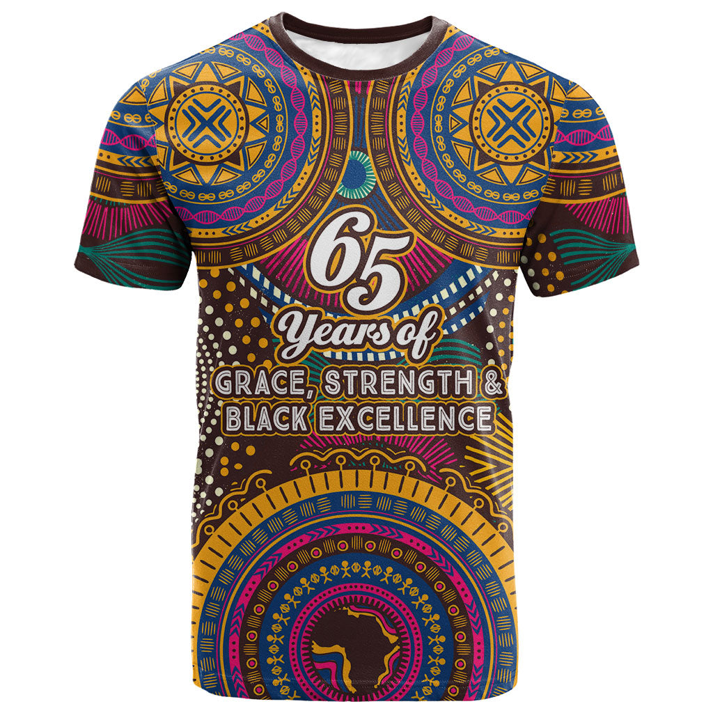 Personalized African 65th Birthday Black Excellence T shirt Vibrant Traditional Tribal Geometric Patterns