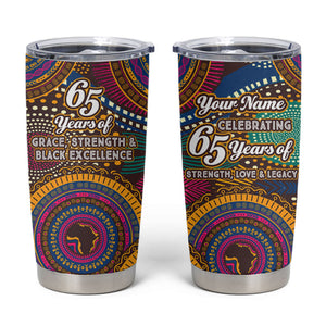 Personalized African 65th Birthday Black Excellence Tumbler Cup Vibrant Traditional Tribal Geometric Patterns