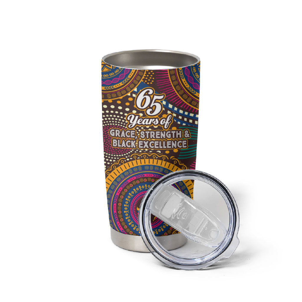 Personalized African 65th Birthday Black Excellence Tumbler Cup Vibrant Traditional Tribal Geometric Patterns