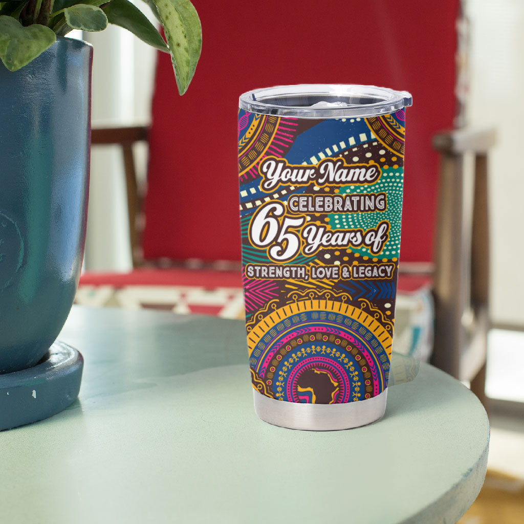 Personalized African 65th Birthday Black Excellence Tumbler Cup Vibrant Traditional Tribal Geometric Patterns