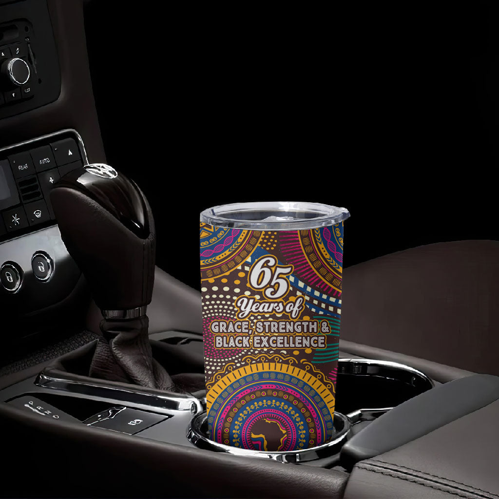 Personalized African 65th Birthday Black Excellence Tumbler Cup Vibrant Traditional Tribal Geometric Patterns