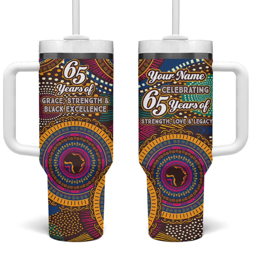 Personalized African 65th Birthday Black Excellence Tumbler With Handle Vibrant Traditional Tribal Geometric Patterns