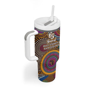 Personalized African 65th Birthday Black Excellence Tumbler With Handle Vibrant Traditional Tribal Geometric Patterns