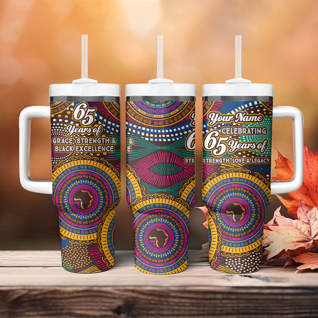 Personalized African 65th Birthday Black Excellence Tumbler With Handle Vibrant Traditional Tribal Geometric Patterns