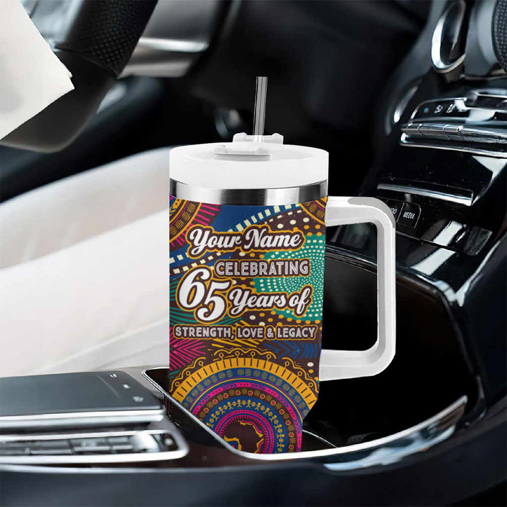 Personalized African 65th Birthday Black Excellence Tumbler With Handle Vibrant Traditional Tribal Geometric Patterns