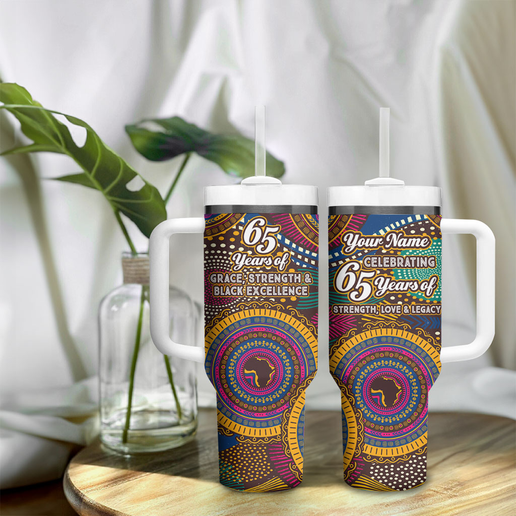 Personalized African 65th Birthday Black Excellence Tumbler With Handle Vibrant Traditional Tribal Geometric Patterns