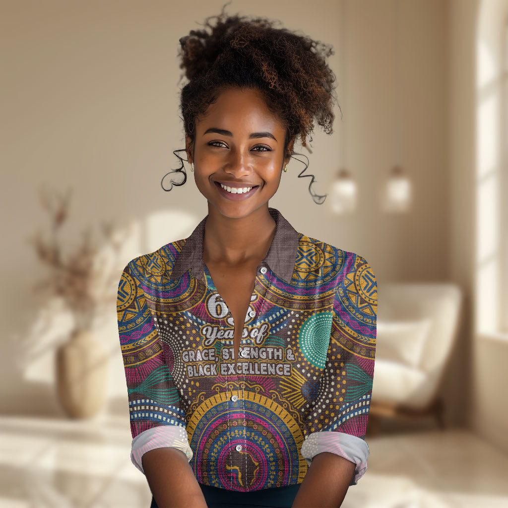 Personalized African 65th Birthday Black Excellence Women Casual Shirt Vibrant Traditional Tribal Geometric Patterns