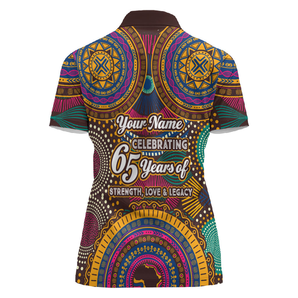 Personalized African 65th Birthday Black Excellence Women Polo Shirt Vibrant Traditional Tribal Geometric Patterns