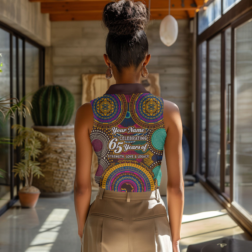 Personalized African 65th Birthday Black Excellence Women Sleeveless Polo Shirt Vibrant Traditional Tribal Geometric Patterns