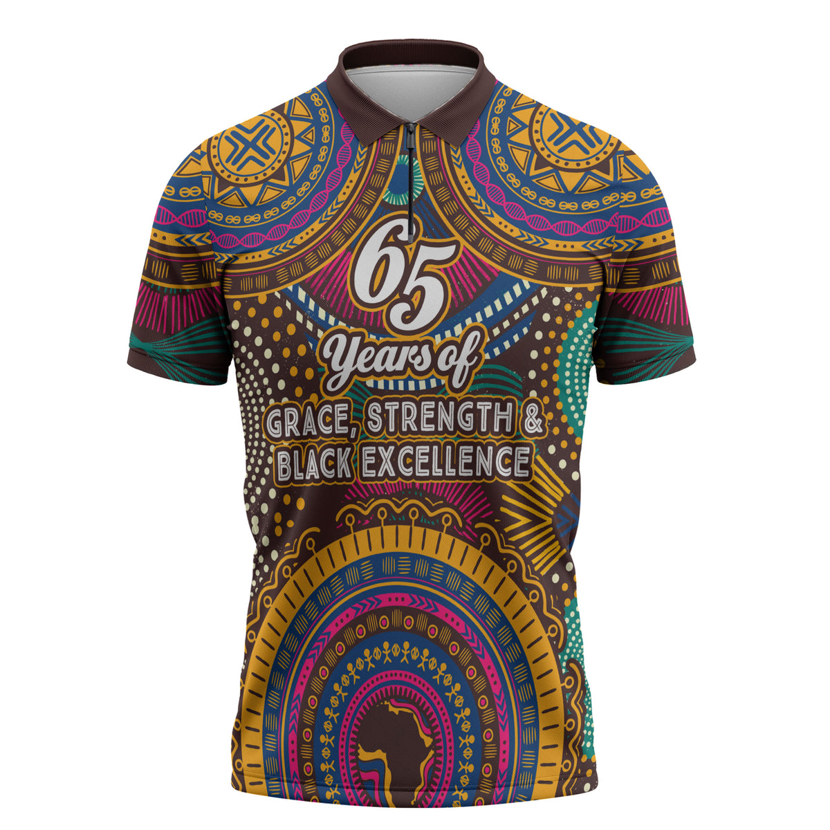 Personalized African 65th Birthday Black Excellence Zipper Polo Shirt Vibrant Traditional Tribal Geometric Patterns