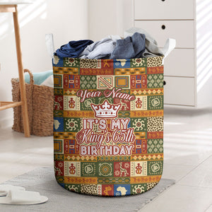Personalized African King's 65th Birthday Laundry Basket Traditional Ethnic Patchwork Safari Animals