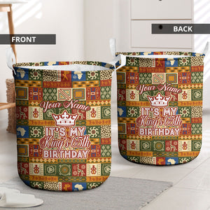Personalized African King's 65th Birthday Laundry Basket Traditional Ethnic Patchwork Safari Animals