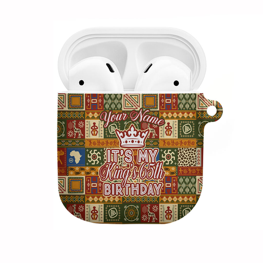 Personalized African King's 65th Birthday AirPods Case Traditional Ethnic Patchwork Safari Animals