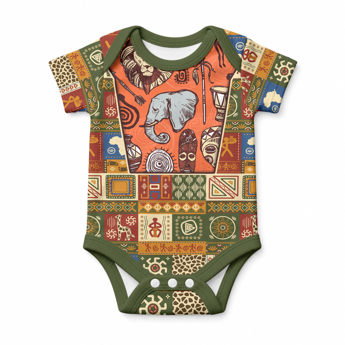 Personalized African King's 65th Birthday Baby Onesie Traditional Ethnic Patchwork Safari Animals