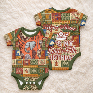 Personalized African King's 65th Birthday Baby Onesie Traditional Ethnic Patchwork Safari Animals