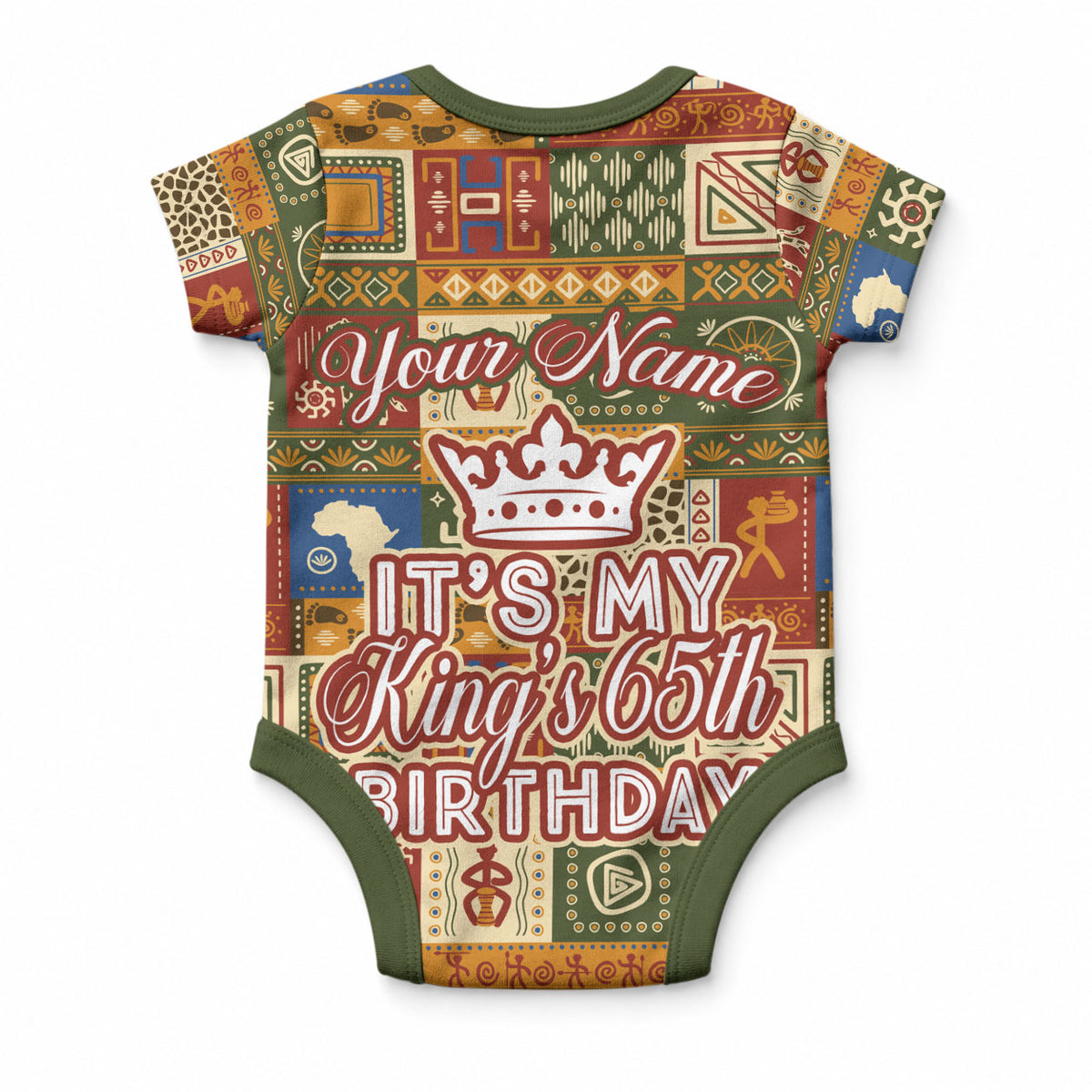 Personalized African King's 65th Birthday Baby Onesie Traditional Ethnic Patchwork Safari Animals